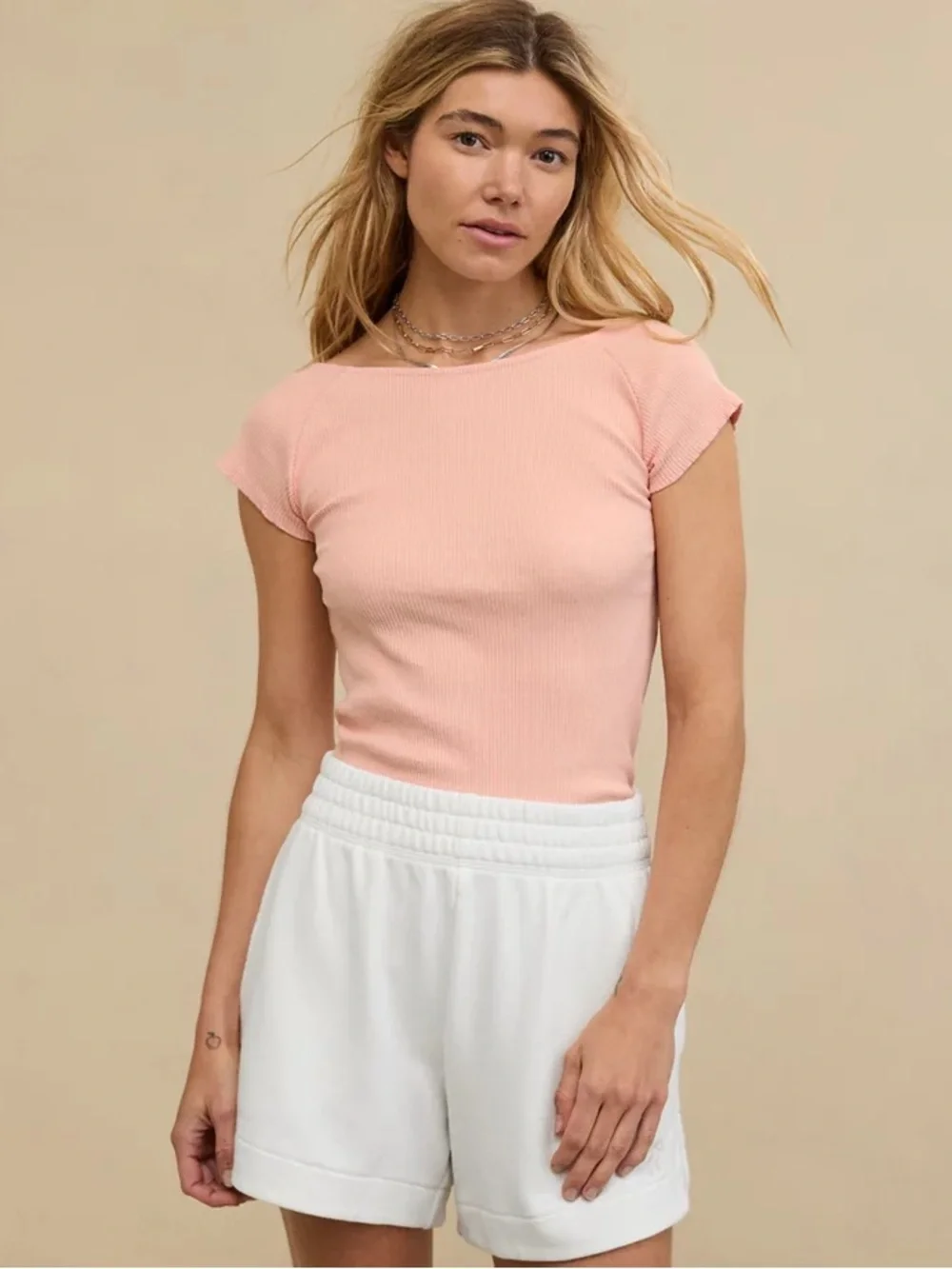 aerie Ribbed Cap Sleeve Top in Pale Peach